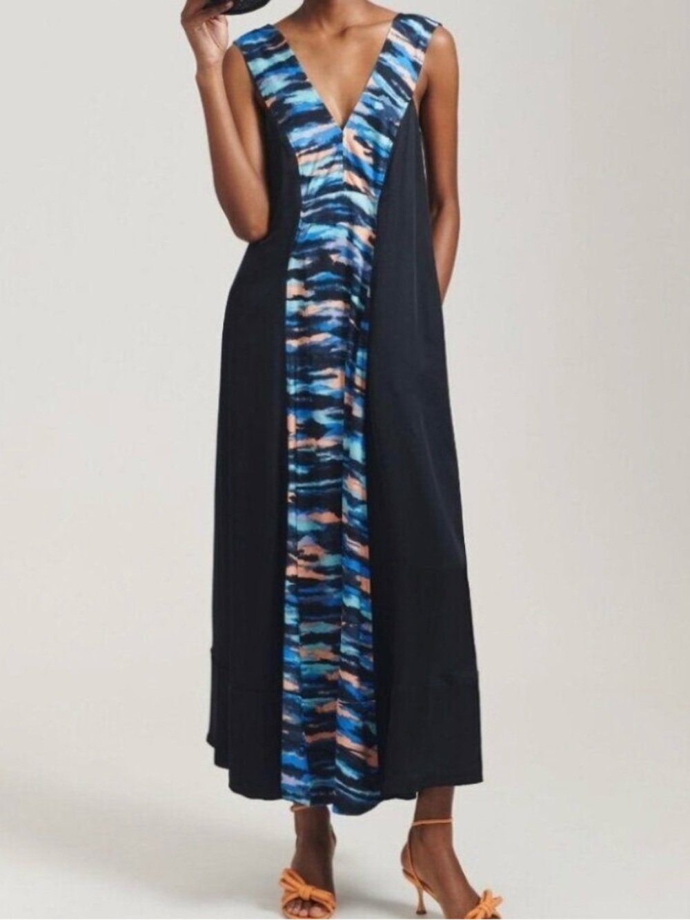 Anthropology Maeve Sleeveless V-Neck Black Maxi Dress with Blue Abstract Front
